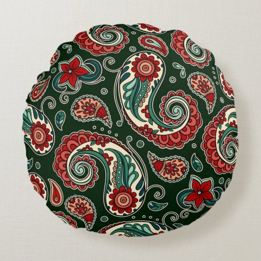 Red and Green Paisley Round Pillow ラウンドクッション (正面)
