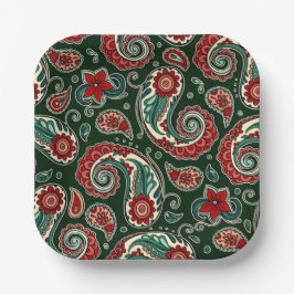 Red and Green Paisley Square Paper Plates ペーパープレート