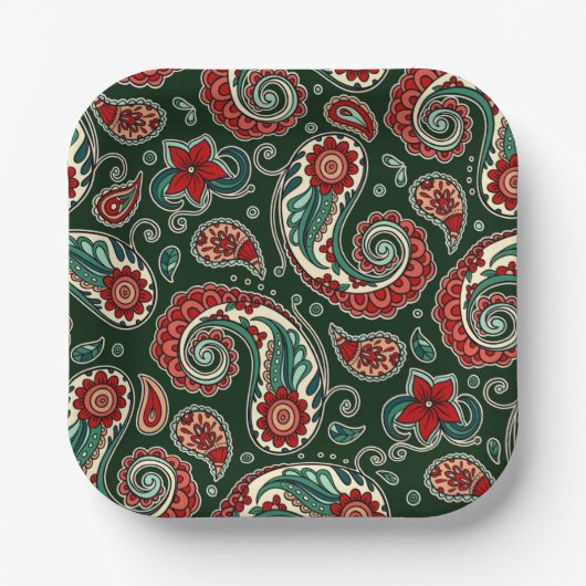 Red and Green Paisley Square Paper Plates ペーパープレート (正面)
