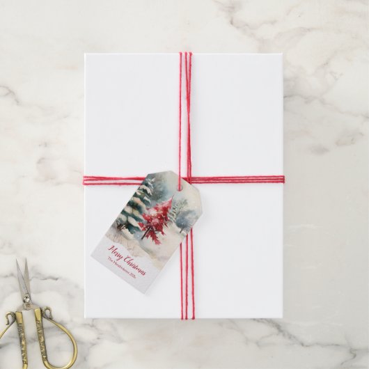 Red and Green Pine Trees Christmas ギフトタグ (より糸付き)
