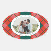 Red and Green Plaid Family Photo Merry Christmas 楕円形シール (正面)