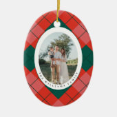 Red and Green Plaid Family Photo Oval Christmas セラミックオーナメント (正面)