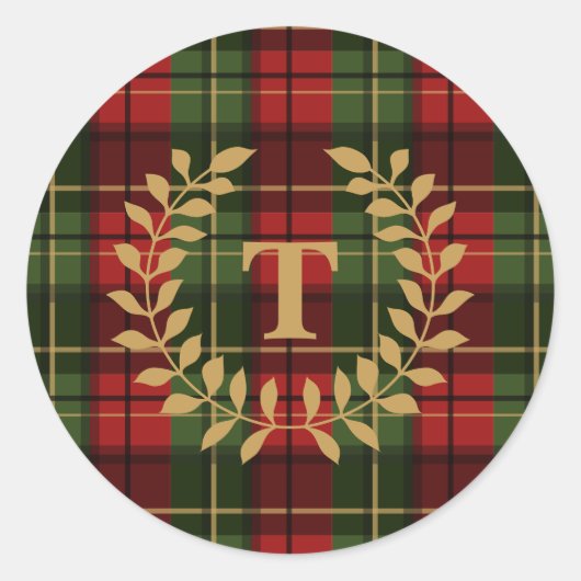 Red And Green Plaid Tartan Pattern With Monogram ラウンドシール (正面)