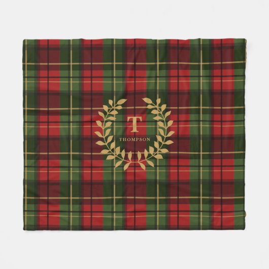 Red And Green Plaid With Custom Monogram Wreath フリースブランケット (正面(横))