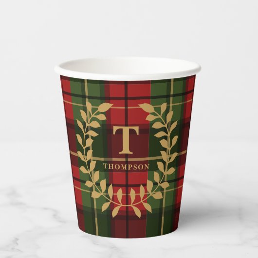 Red And Green Plaid With Laurel Wreath Monogram 紙コップ (正面)
