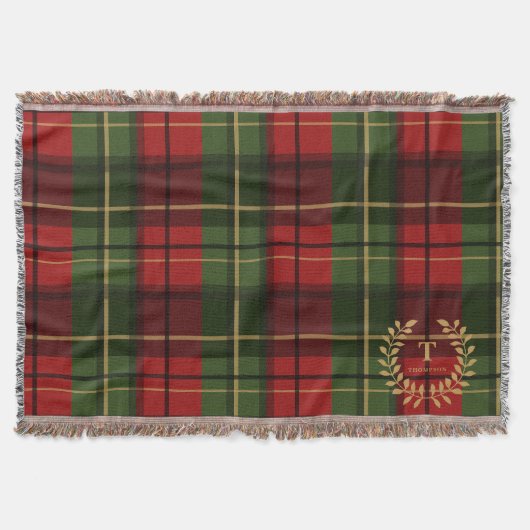 Red And Green Plaid With Monogram Inside A Wreath スローブランケット (正面)