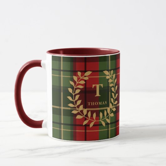 Red And Green Plaid With Monogram Wreath And Name マグカップ (左)