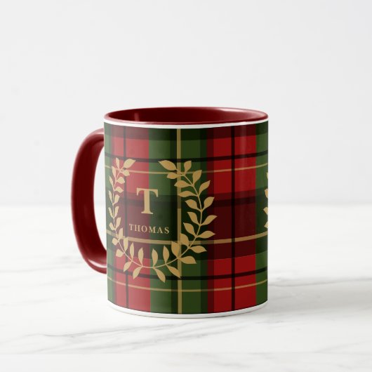 Red And Green Plaid With Monogram Wreath And Name マグカップ (正面左)