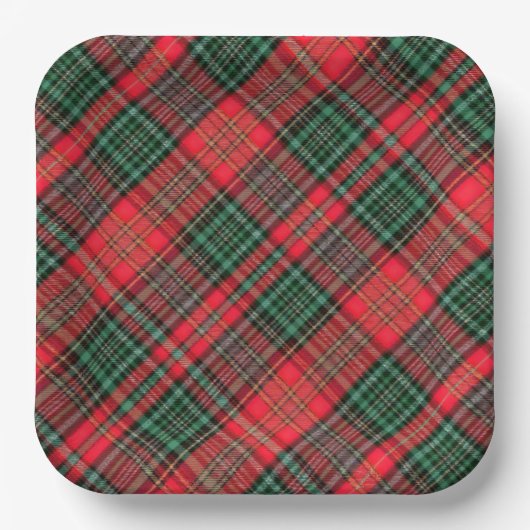 Red and Green Scottish Diagonal Tartan Plaid ペーパープレート (正面)