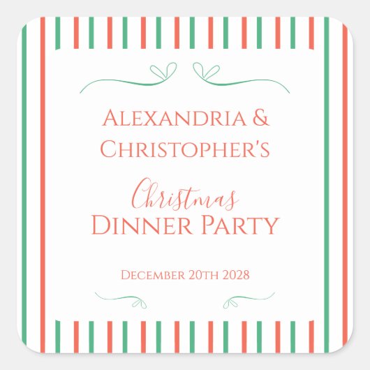 Red and Green Stripe Christmas Dinner Party スクエアシール (正面)