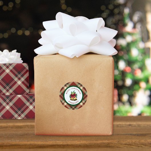 Red and Green Tartan Christmas Personalized ラウンドシール