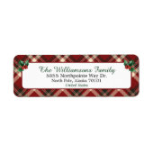 Red and Green Tartan Christmas Return Address ラベル (正面)