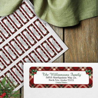 Red and Green Tartan Christmas Return Address ラベル