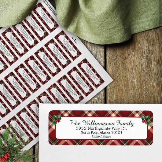 Red and Green Tartan Christmas Return Address ラベル