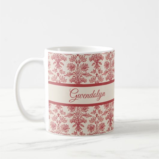 Red and Ivory Floral Toille Pattern with Name コーヒーマグカップ (左)