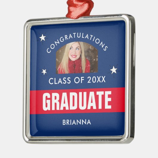 Red and Navy Blue卒業写真パーソナライズされた メタルオーナメント (左)