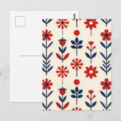 Red and Navy Folk Floral Pattern ポストカード (正面/裏面)