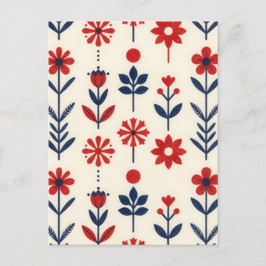 Red and Navy Folk Floral Pattern ポストカード (正面)