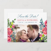 Red and Navy Peonyバラ救Dateの結婚写真 案内ポストカード (正面/裏面)