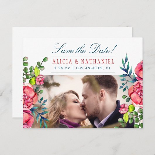 Red and Navy Peonyバラ救Dateの結婚写真 案内ポストカード (正面/裏面)