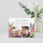 Red and Navy Peonyバラ救Dateの結婚写真 案内ポストカード (スタンド正面)