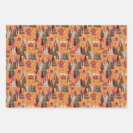 Red and Orange Christmas Forest Village ラッピングペーパーシート