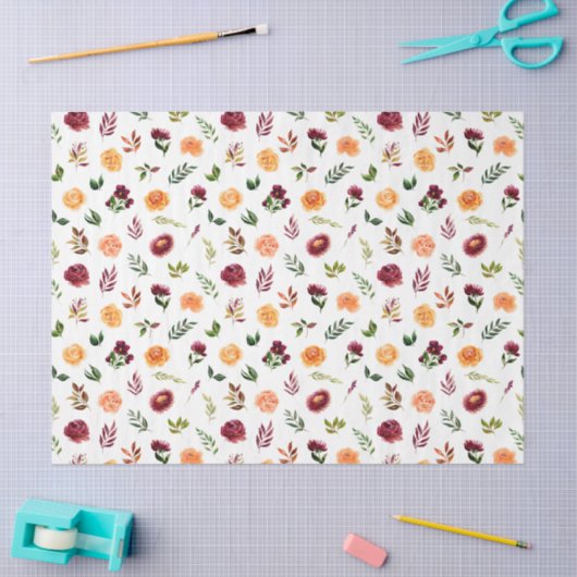 Red and Orange Flowers with Foliage Pattern 薄葉紙 (クラフト)