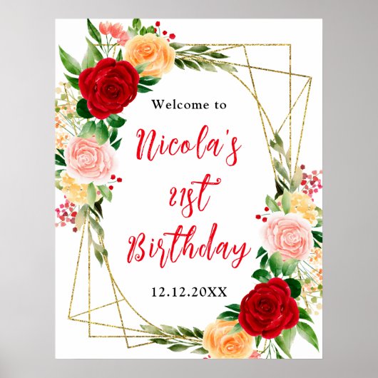 Red and Orange Roses Birthday Welcome ポスター (正面)