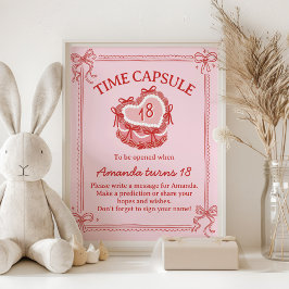 Red and Pink Bow Cake Birthday Time Capsule Sign ポスター