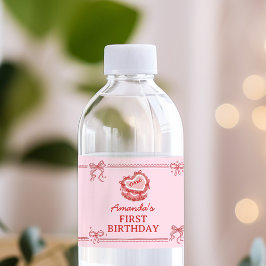 Red and Pink Bow Cake Birthday Water Bottle Label ペットボトルラベル