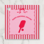 Red and Pink Striped Pickleball Birthday Party フェイバータグ (正面)