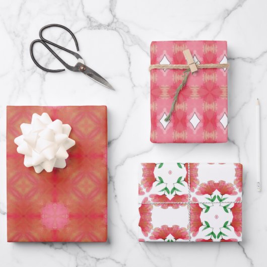 Red and pink watercolor geometric wrapping paper ラッピングペーパーシート (正面)