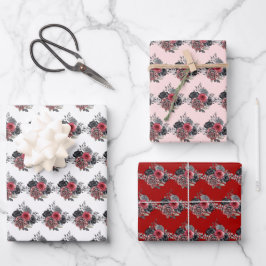 Red and Silver Elegant Flowers ラッピングペーパーシート