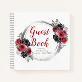 Red and Silver Elegant Flowers Birthday Guest Book ノートブック