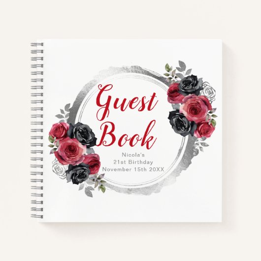 Red and Silver Elegant Flowers Birthday Guest Book ノートブック (正面)