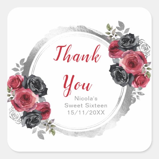 Red and Silver Elegant Flowers Sweet Sixteen スクエアシール (正面)