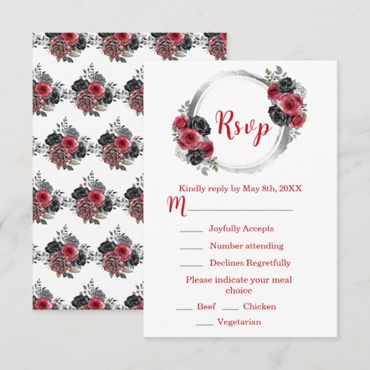 Red and Silver Elegant Flowers Sweet Sixteen 出欠カード (正面/裏面)