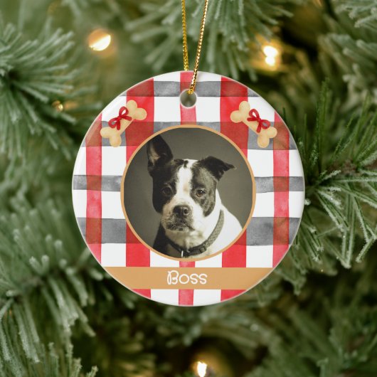 Red and Silver Grey Plaid Round Pet Ornament セラミックオーナメント (ツリー)