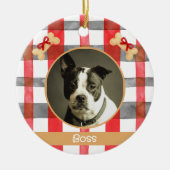 Red and Silver Grey Plaid Round Pet Ornament セラミックオーナメント (正面)