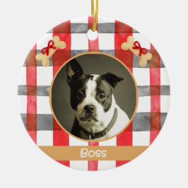 Red and Silver Grey Plaid Round Pet Ornament セラミックオーナメント