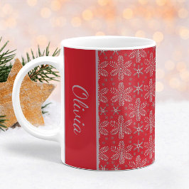 Red and Silver Snowflakes Christmas Mug with Name コーヒーマグカップ