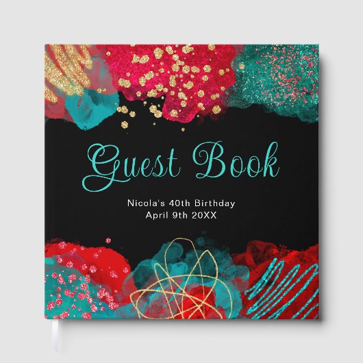 Red and Teal Blue Alcohol Ink Birthday Guest Book ゲストブック (正面)