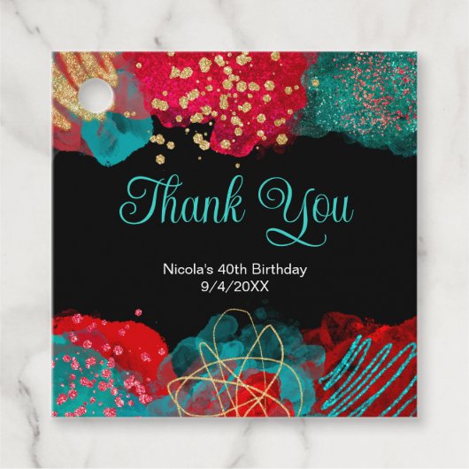 Red and Teal Blue Alcohol Ink Birthday Party フェイバータグ (正面)