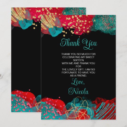 Red and Teal Blue Alcohol Ink Sweet Sixteen サンキューカード (正面/裏面)