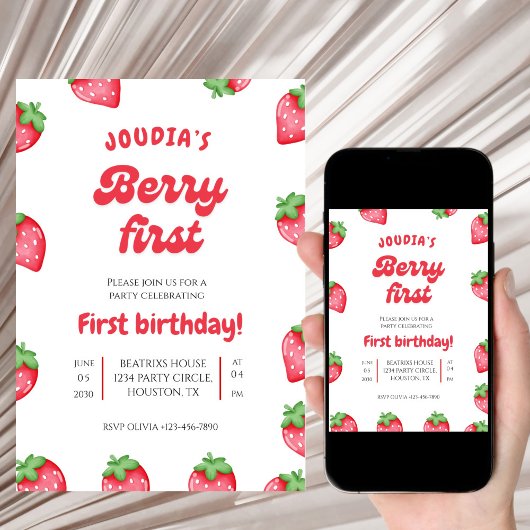 Red and White Berry Cute Watercolor 1st Birthday  招待状