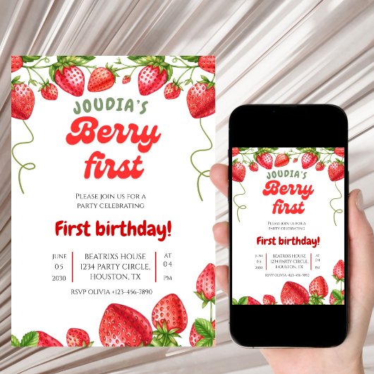Red and White Berry Cute Watercolor 1st Birthday  招待状