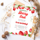 Red and White Berry Cute Watercolor 1st Birthday  招待状