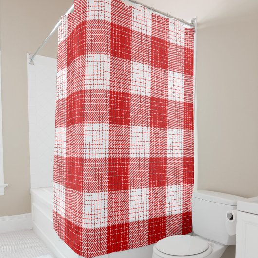 Red and White Bold Checkered Plaid Design シャワーカーテン