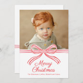 Red and White Bow Flat Christmas Photo Card シーズンカード (正面/裏面)