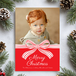 Red and White Bow Flat Christmas Photo Card シーズンカード